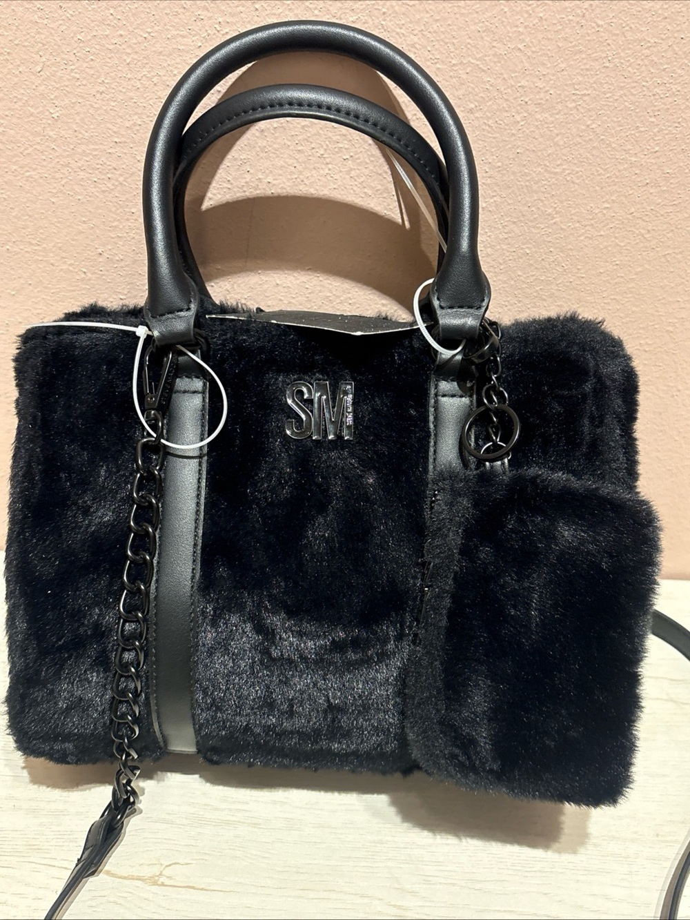 Steve Madden Faux Fur Crossbody Handbag Black Bmickey NEW Tote - Picture 2 of 8